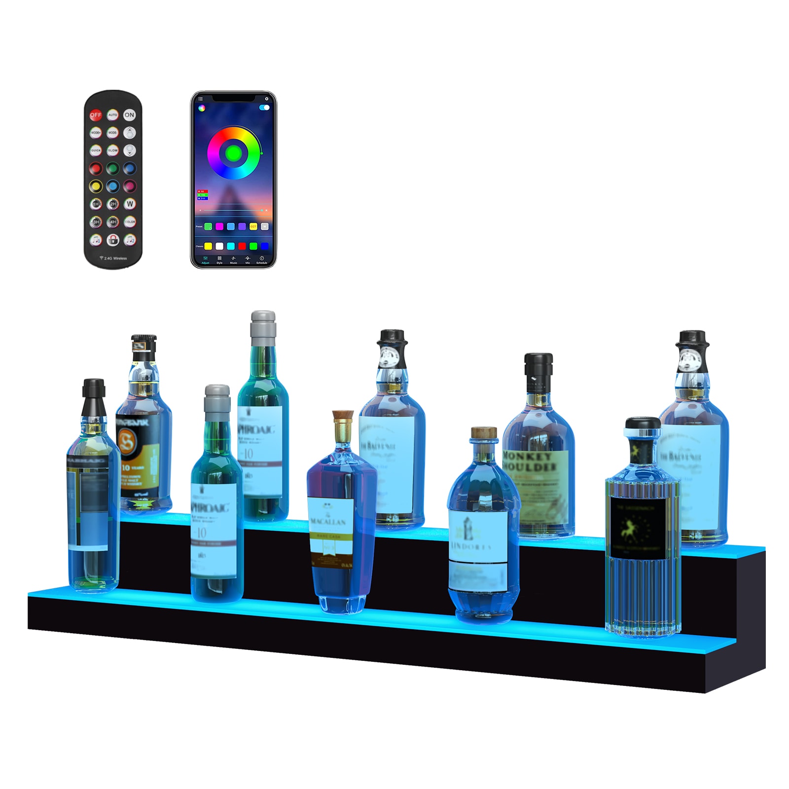 LED Lighted Liquor Bottle Display Bar Shelf RF & App Control 40" 2-Step_voghion.com